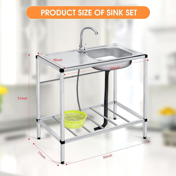 Portable Camping Kitchen Sink Single Bowl Sink Freestanding 31 x 17 x 30 Inch