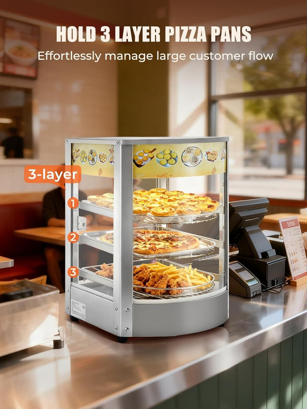 3-Tier Commercial Food Warmer Display 30-80℃ Hot Dog Pizza Showcase Cabinet 800W