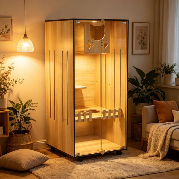 Luxury Cat Villa Wood Cat House Indoor Cat Cage Pet Exhibit Cabinet Clear Glass