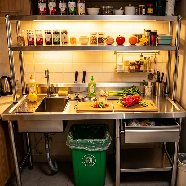 Stainless Steel Sink Kitchen Work Benches Table Washing Basin with Drawer & Rack