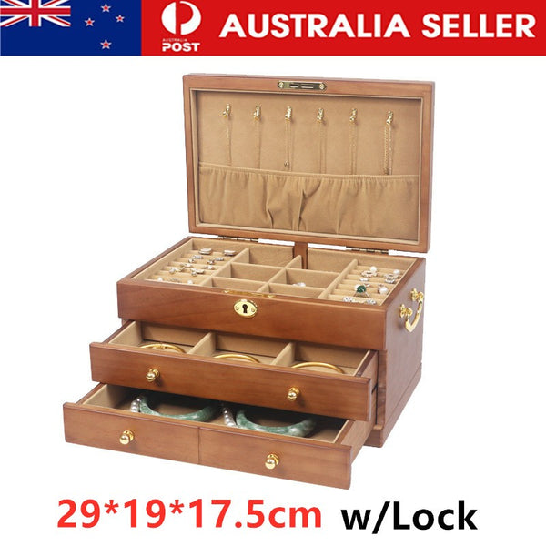 3Tier Wooden Jewelry Box Storage Cabinet Organizer For Necklaces Earrings w/Lock