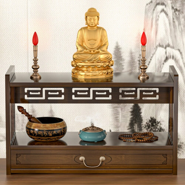 2-Tier Meditation Altar Table with Drawers 100% Bamboo Furniture for Displaying