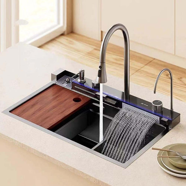 Kitchen Sink Single Bowl Basin Stainless Steel Bar w/Digital Faucet & Cup Washer