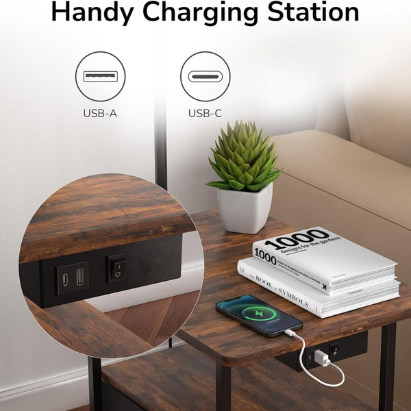 Standing End Side Table Floor Lamp 3-Tier Storage Shelves with Charging Station