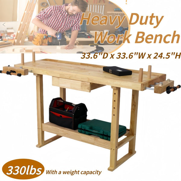 Heavy Duty Wood Workbench with Adjustable Handle & Storage for Garage Workshop