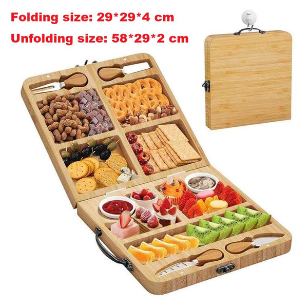 Bamboo Cheese Cutting Board Knife Gift Set Wooden Snack Serving Tray Foldable