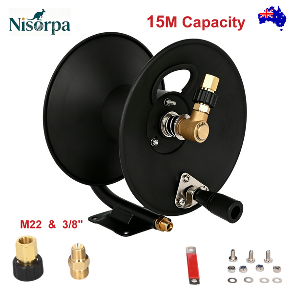 15m High Pressure Hose Reel Manual Crank Steel Reel with M22 3/8'' Fitting AU