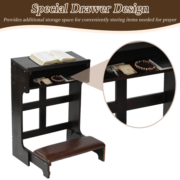 Wood Prayer Bench Stool Kneeler with Shelf and Cushion Church Prayer Table Chair