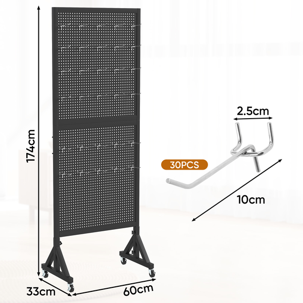 174cm Tall Metal Pegboard Display Rack Retail Display Rack w/ Wheels 30 Hooks AU