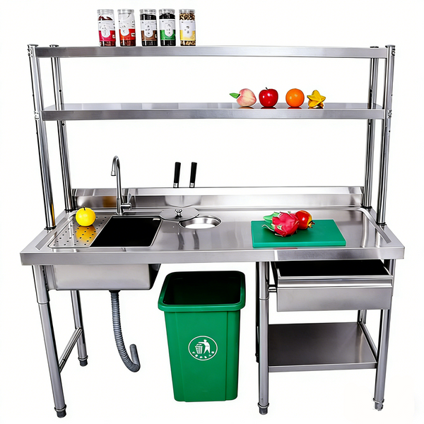 Stainless Steel Sink Kitchen Work Benches Table Washing Basin with Drawer & Rack