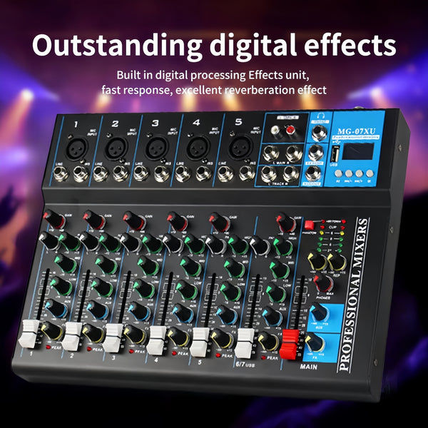 7 Channel Bluetooth Mixer DJ Live Studio Audio Mixer USB Console Amplifier AUX