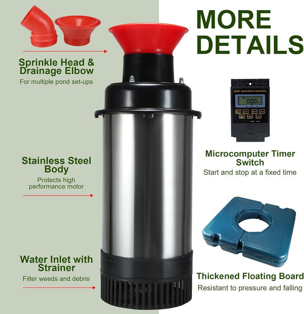 25000GPH Fountain Aerator Pump Stainless Steel Pond Large Water Aerator Floating