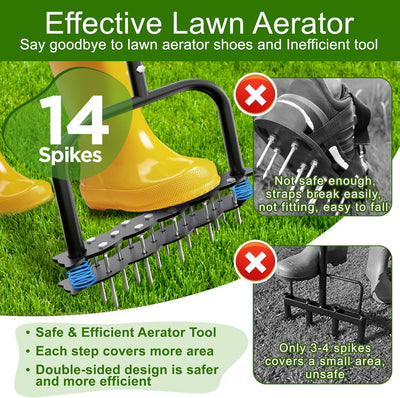 Manual Lawn Aerator Tool 14 Metal Spikes Grass Soil Aerator Ergonomic T-Handle