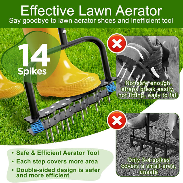 Manual Lawn Aerator Tool 14 Metal Spikes Grass Soil Aerator Ergonomic T-Handle