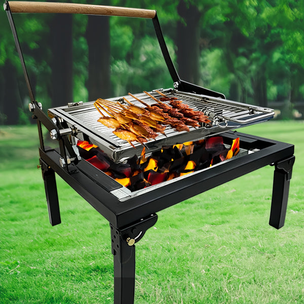 Portable 360°Rotating Charcoal Grill with Flipping Basket Folding Barbecue Grill