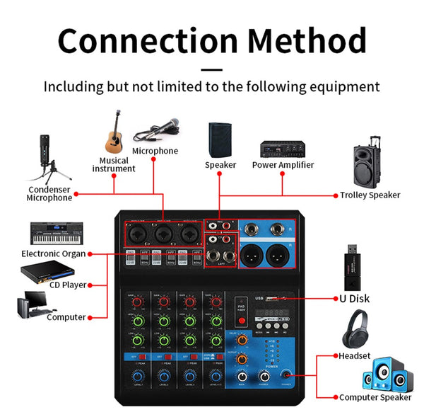 5 Channel Mini Bluetooth Audio Mixer USB DJ Live Console Sound Card Studio Mixer