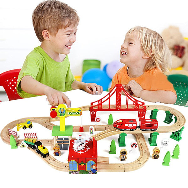80 Pcs Electric Train Set -Wooden Track & Crane & Trains Toys Set Kids DIY Toy