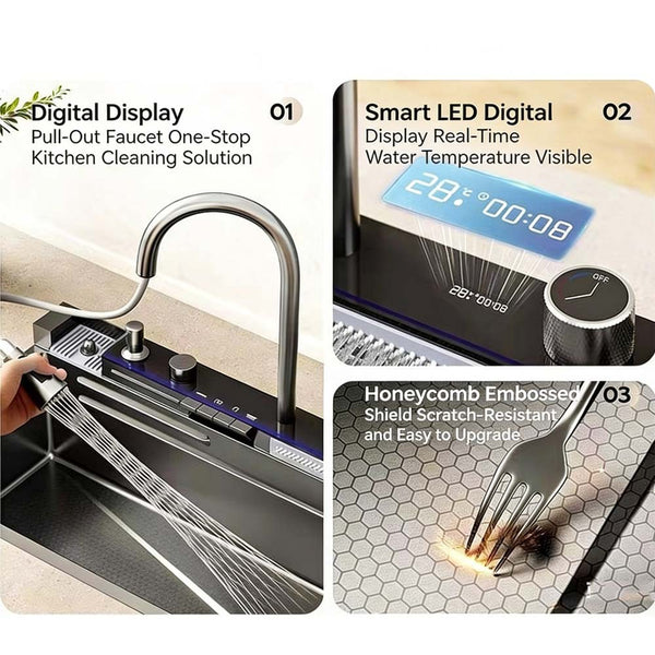 Kitchen Sink Single Bowl Basin Stainless Steel Bar w/Digital Faucet & Cup Washer