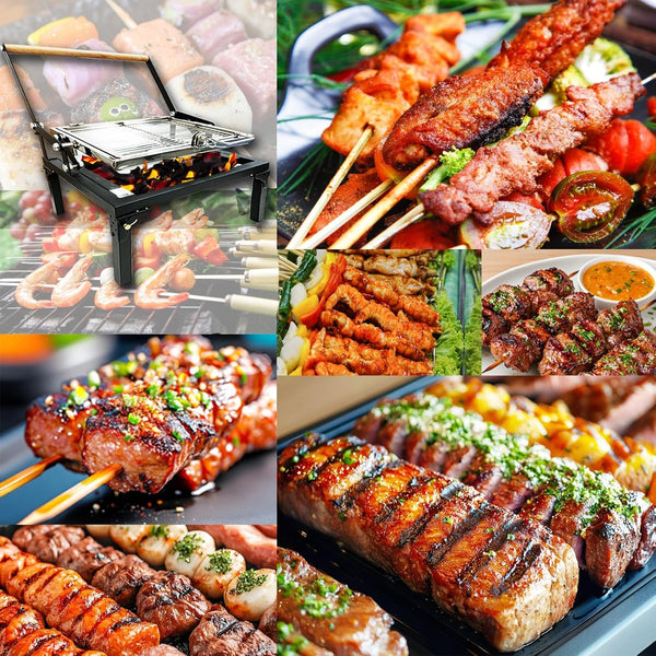 Portable 360°Rotating Charcoal Grill with Flipping Basket Folding Barbecue Grill