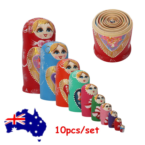 10pcs Russian Nesting Dolls Stacking Wooden Matryoshka Dolls Home Decor Gifts AU