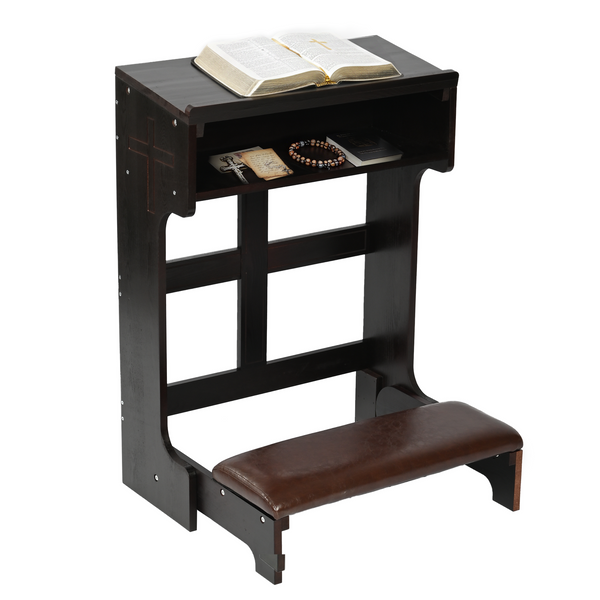 Wood Prayer Bench Stool Kneeler with Shelf and Cushion Church Prayer Table Chair