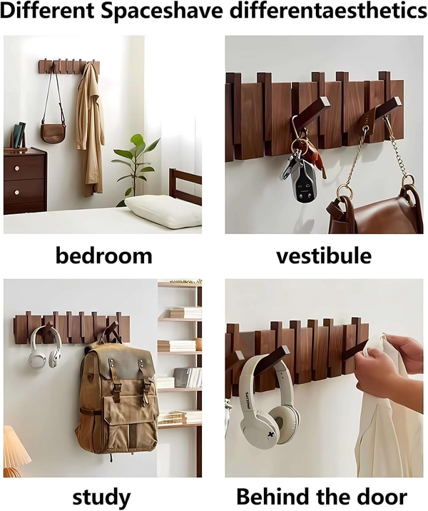 Walnut Wood Coat Rack 12 Hooks Piano Shape Wall Mounted Wall Hanger Clothes Hook