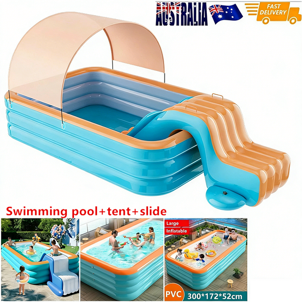 118" Inflatable Swimming Pool with Sun Shade Large Slide Kits Kids Water Playing