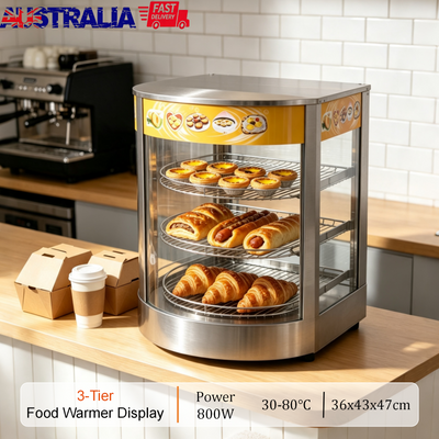 3-Tier Commercial Food Warmer Display 30-80℃ Hot Dog Pizza Showcase Cabinet 800W