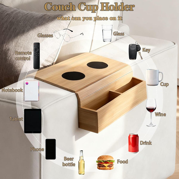 Flexible Bamboo Sofa Arm Chair Tray Table Organiser Snack Serving Tray Arm Rest