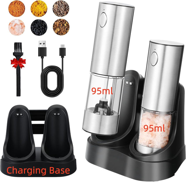 2pcs Electric Salt And Pepper Grinder Set Rechargeable Auto Mill w/Charging Base