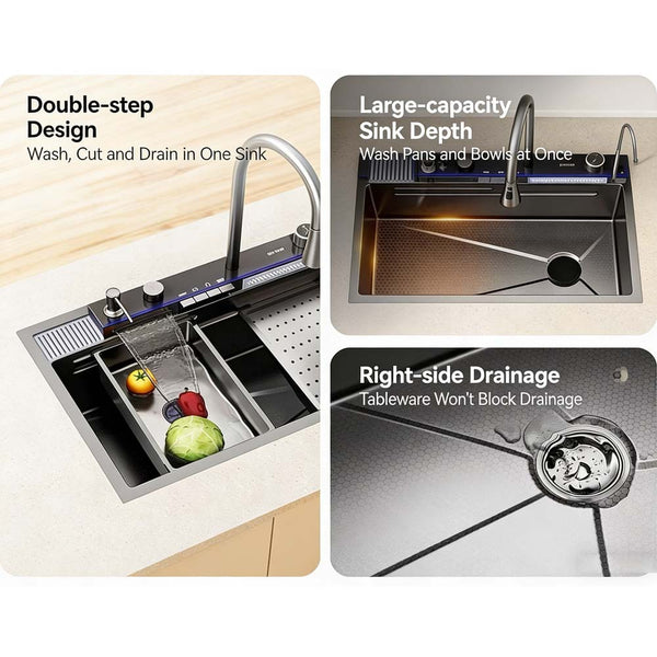 Kitchen Sink Single Bowl Basin Stainless Steel Bar w/Digital Faucet & Cup Washer