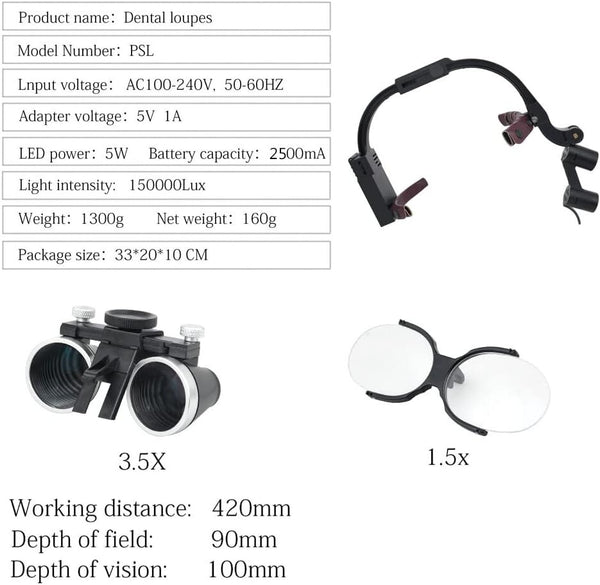 Dental Loupes With Light 3.5X420mm Magnifying Glass Binoculars Angle Adjustable