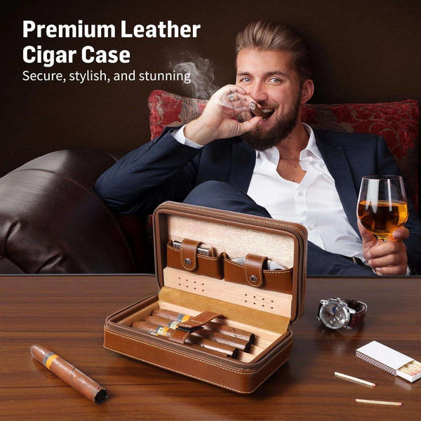 4-Finger Cigar Humidor Travel Cigar Case Holder Storage Wood Leather Box Gift AU