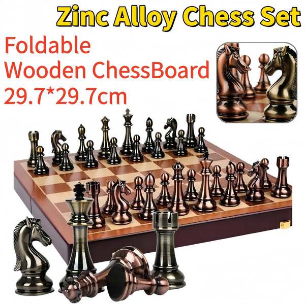 Upscale Metal Chess Set Foldable Wooden Chess Board Zinc Alloy Chess Pieces