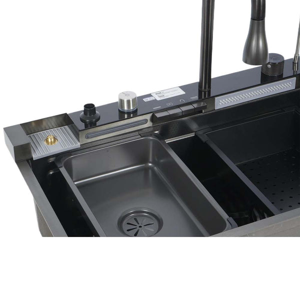Kitchen Sink Single Bowl Basin Stainless Steel Bar w/Digital Faucet & Cup Washer