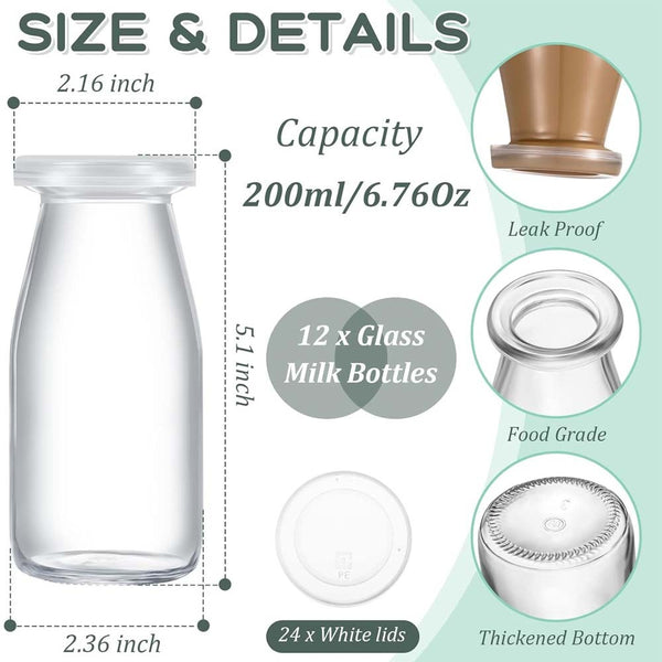 200ML Clear Glass Sauce Bottles 12pcs Milk Jar Reusable Bottle Water Jars W/ Lid