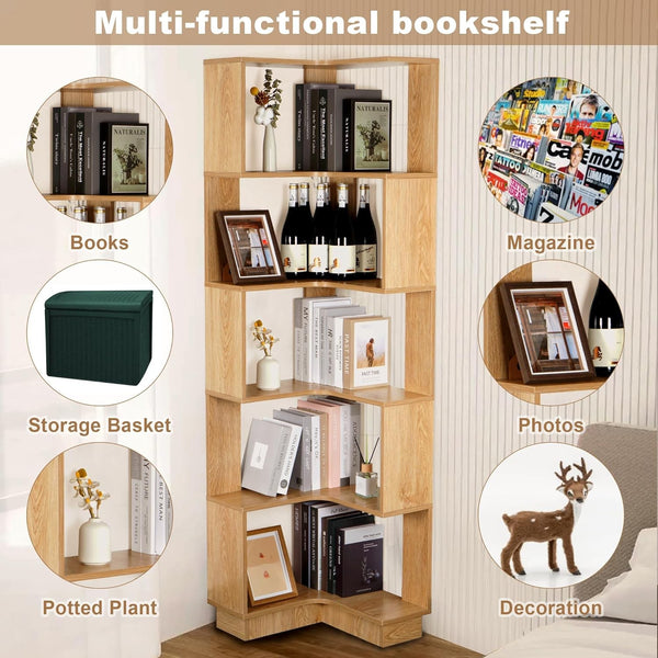 5 Tier Corner Bookshelf Storage Large Wooden Open Storage Display Stand 1.75m AU