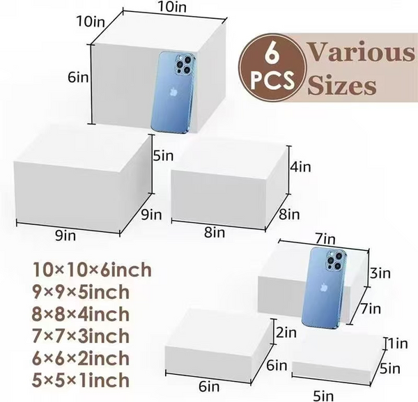 (10" 9" 8" 7" 6" 5") Large 6 PCS Buffet Risers Acrylic Hollow Cube Display