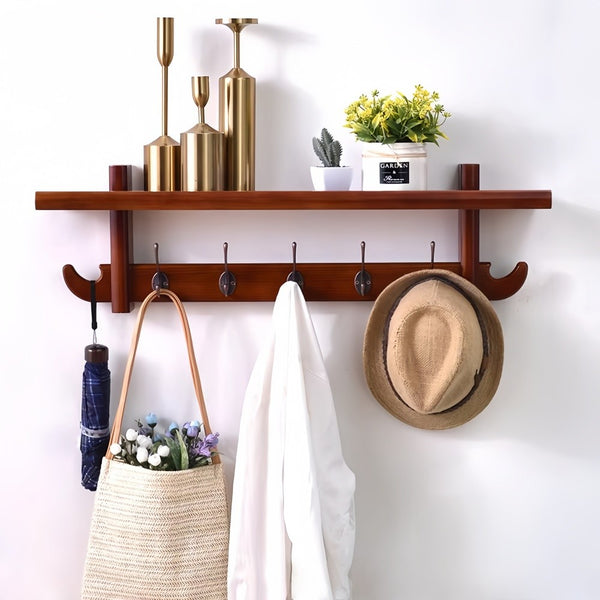 5 Hooks Wall Mounted Coat Rack Wooden Vintage Entryway Hat Clothes Organizer