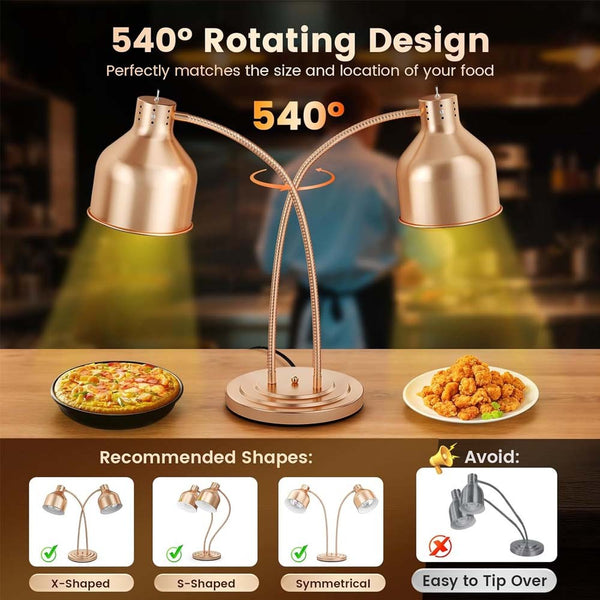 Food Heat Lamp 2 Head Stainless Steel Commercial Food Warmer Lamp 540° Rotation