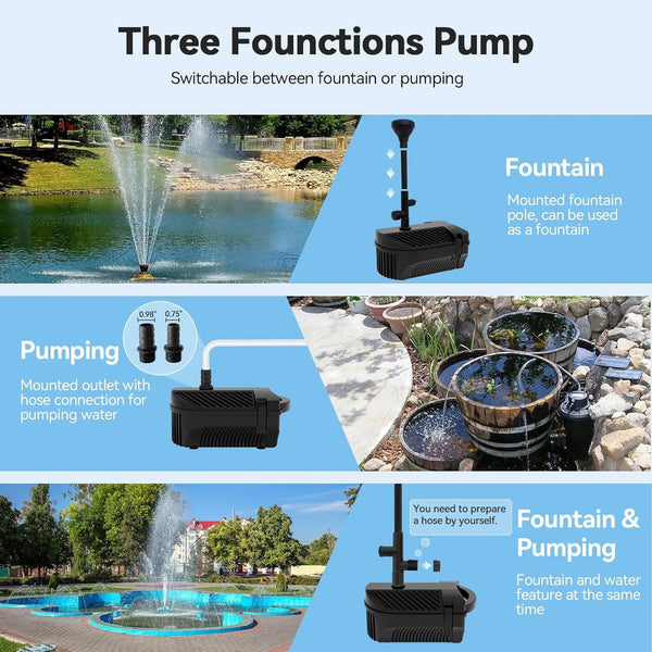 1000L/H Water Pump Fountain Pump 28W Pond Pump + Filter + 3 Large Fountain Heads