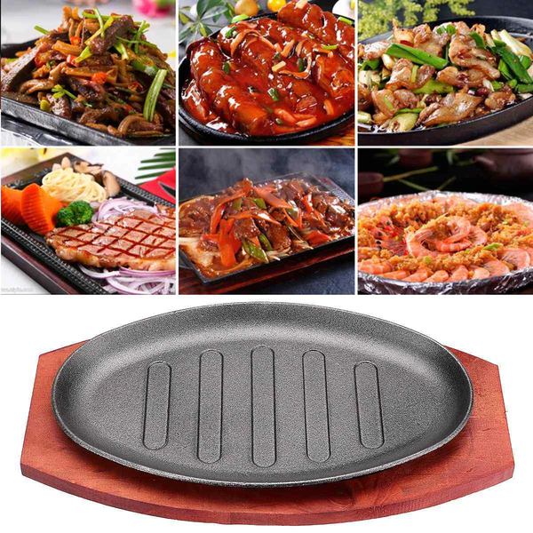 12" Cast Iron Steak Plate Sizzling Serving Platter Pan Sizzler Plate & Wood Base