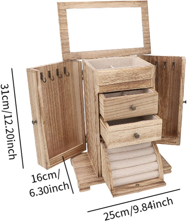 Large Wooden Jewellery Box Storage Mirror Organiser Necklace Rings Earring Gifts