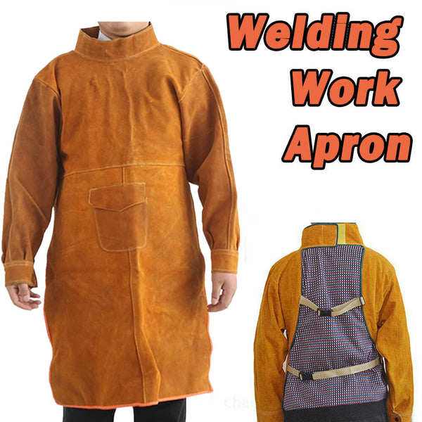 Cowhide Leather Welding Apron Long Heavy Duty Welding Clothes Suit with Sleeves