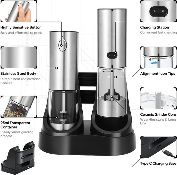 2pcs Electric Salt And Pepper Grinder Set Rechargeable Auto Mill w/Charging Base