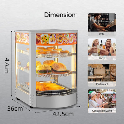 3-Tier Commercial Food Warmer Display 30-80℃ Hot Dog Pizza Showcase Cabinet 800W