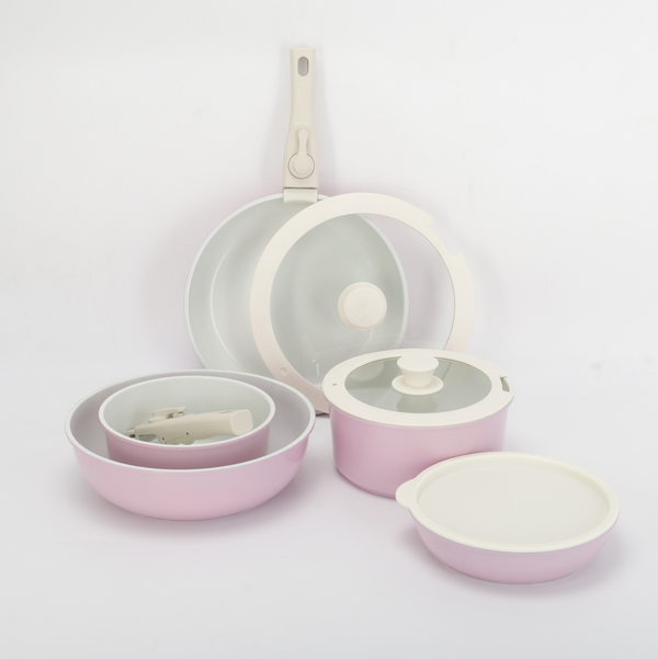 11Pcs Pink pots and Pans Set Removable Handle Nonstick Cookware Set Space Saving