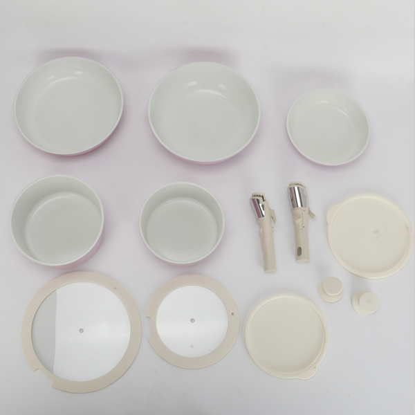 11Pcs Pink pots and Pans Set Removable Handle Nonstick Cookware Set Space Saving