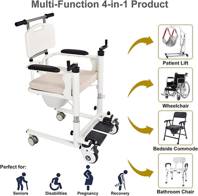 4in1 Elderly Transfer Chair Hand-cranked Height-Adjustable Patient Toilet Chair
