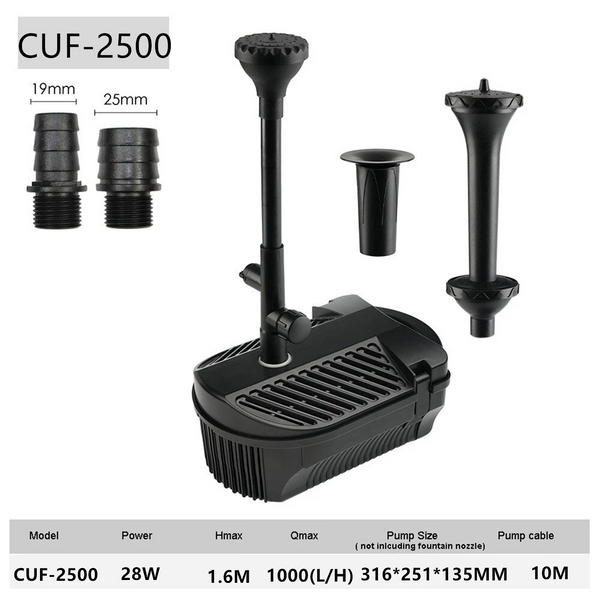 1000L/H Water Pump Fountain Pump 28W Pond Pump + Filter + 3 Large Fountain Heads